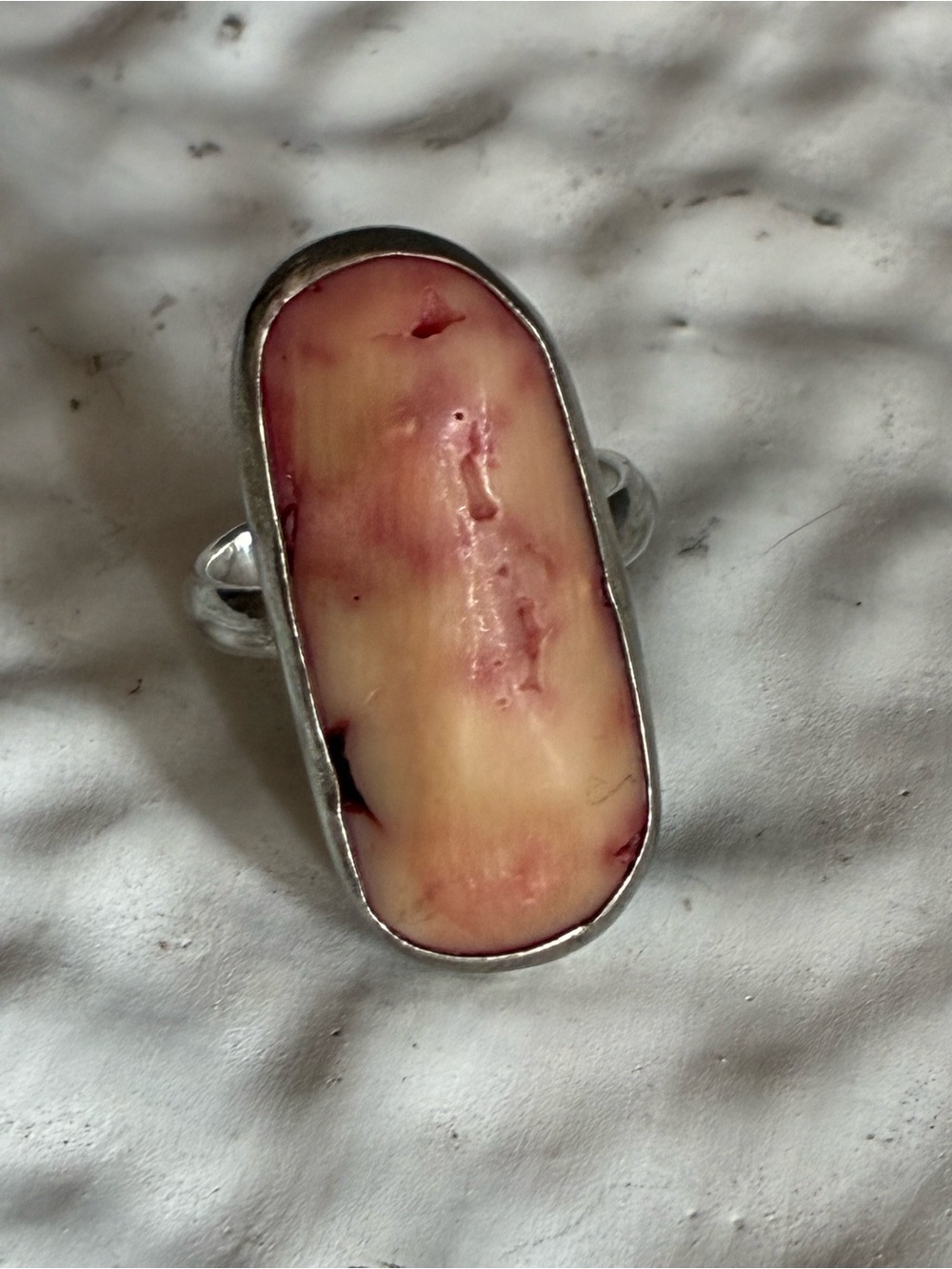 Sterling Silver Pink/Red and Cream Large Organic Cabochon Statement Ring